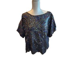Vintage 80s Beaded Sequined Sequins Top Blouse Size 20 Batwing Sleeve Era Tour